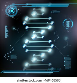 Spiral DNA, molecules and atoms under microscope. HUD interface. Scientific research background. Stock vector illustration.