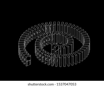 Spiral of dominoes. Isolated on black background.Vector outline illustration. 