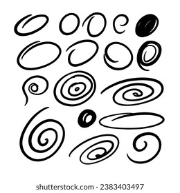 Spiral doodle elements set. Hand drawn black color vector art illustration. Isolated on white background.