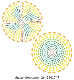 Spiral dot composition. Color swirl form. Vector circular elements. Pattern rotation icon.