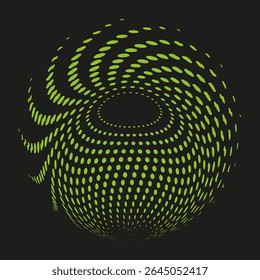 Padrão de pontos em espiral. Design de espiral hipnótico. Vetor de partícula verde. Ilusão de movimento rotativo.