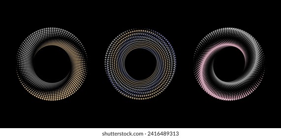 A spiral dots abstract vector illustration pattern backdrop in a metallic hue against a sleek black background. This design element is perfect for frames, circular logos, signs, symbols, and prints. svg