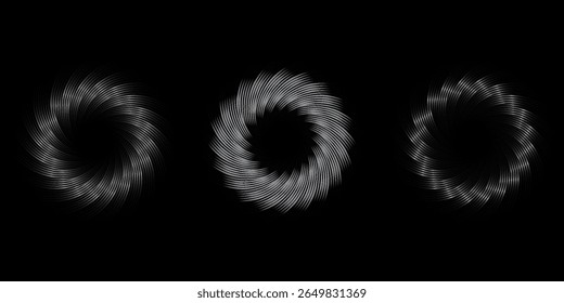 A spiral dots abstract vector illustration pattern backdrop in a metallic hue against a sleek black background. This design element is perfect for frames, circular logos, signs, symbols, and prints.
