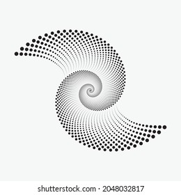 Spiral dots backdrop design. Abstract monochrome halftone background. Halftone dots circle texture, pattern, background. Abstract halftone circular frame logo. Dotted design element.