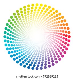Spiral dots tube pattern - rainbow colored twisted circle illustration with white shining glowing center.