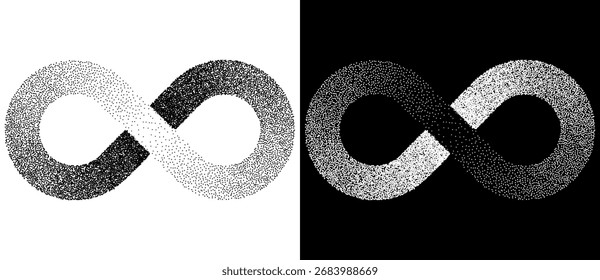 Espiral como símbolo de infinito abstrato pontilhado. Efeito pontilhado e pontilhado. Forma preta em um plano de fundo branco e a mesma forma branca no lado preto.
