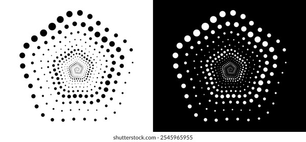 Plano de fundo pontilhado em espiral como pentágono. Logotipo ou ícone do design artístico. Forma preta em um plano de fundo branco e a mesma forma branca no lado preto.