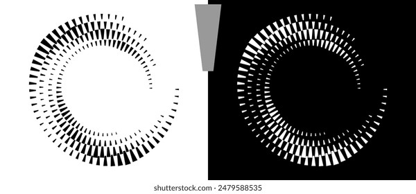 Spiral dotted background with quadrangles. Design element or icon. Black shape on a white background and the same white shape on the black side.