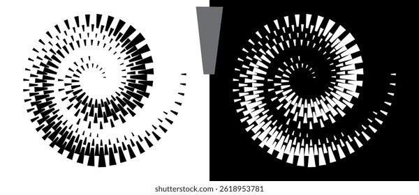 Spiral dotted background with quadrangles. Design element or icon. Black shape on a white background and the same white shape on the black side. - Powered by Shutterstock - Get 15% off with code: PIKWIZARD15