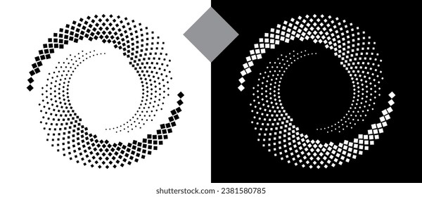 Spiral dotted background with rhombuses. Yin and yang style. Design element or icon. Black shape on a white background and the same white shape on the black side.