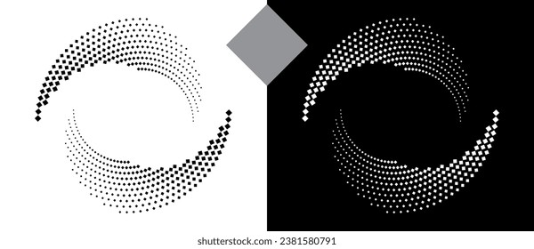 Spiral dotted background with rhombuses. Yin and yang style. Design element or icon. Black shape on a white background and the same white shape on the black side.