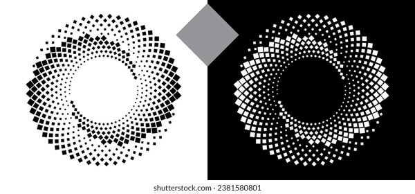 Spiral dotted background with rhombuses. Yin and yang style. Design element or icon. Black shape on a white background and the same white shape on the black side.