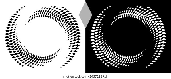 Spiral dotted background with rhombuses. Yin and yang style. Design element or icon. Black shape on a white background and the same white shape on the black side.