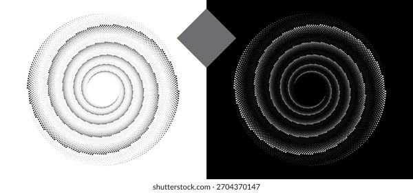Plano de fundo pontilhado em espiral com losango. Estilo Yin e Yang. Elemento ou ícone de design. Forma preta em um plano de fundo branco e a mesma forma branca no lado preto.