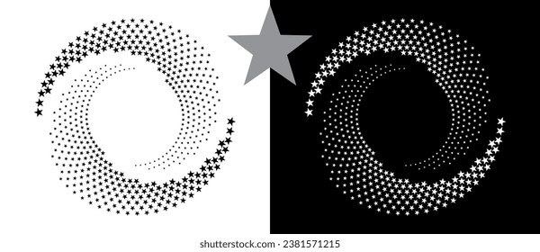 Spiral dotted background with stars. Yin and yang style. Design element or icon. Black shape on a white background and the same white shape on the black side.