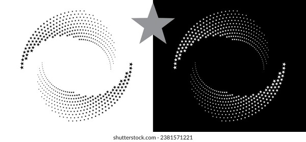 Spiral dotted background with stars. Yin and yang style. Design element or icon. Black shape on a white background and the same white shape on the black side.