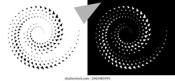 Fondo espiral punteado con triángulos. Elemento de diseño o icono. Forma negra sobre fondo blanco y la misma forma blanca en el lado negro.