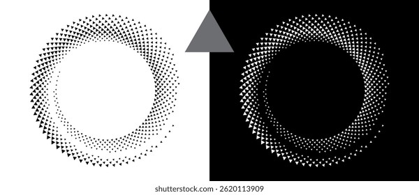 Spiral dotted background with triangles. Design element or icon. Black shape on a white background and the same white shape on the black side.