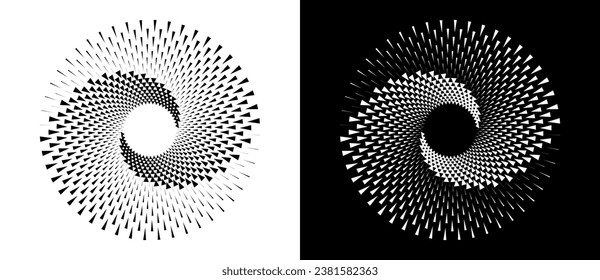 Spiralgepunkteter Hintergrund mit Dreiecken. Yin und Yang Stil. Design-Element oder -Icon. Schwarze Form auf weißem Hintergrund und dieselbe weiße Form auf schwarzer Seite.