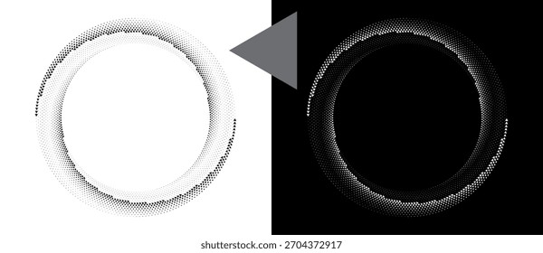 Plano de fundo pontilhado em espiral com triângulos. Estilo Yin e Yang. Elemento ou ícone de design. Forma preta em um plano de fundo branco e a mesma forma branca no lado preto.