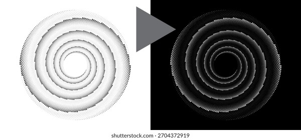 Plano de fundo pontilhado em espiral com triângulos. Estilo Yin e Yang. Elemento ou ícone de design. Forma preta em um plano de fundo branco e a mesma forma branca no lado preto.