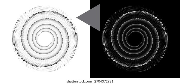 Plano de fundo pontilhado em espiral com triângulos. Estilo Yin e Yang. Elemento ou ícone de design. Forma preta em um plano de fundo branco e a mesma forma branca no lado preto.