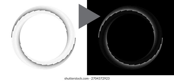 Plano de fundo pontilhado em espiral com triângulos. Estilo Yin e Yang. Elemento ou ícone de design. Forma preta em um plano de fundo branco e a mesma forma branca no lado preto.