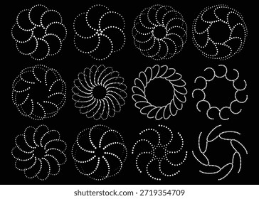 Conjunto de patrón geométrico de círculo punteado en espiral sobre fondo negro, conjunto de diseño de Vector de patrón geométrico circular de punto floral, patrón geométrico de círculo espiral punteado floral mínimo sobre fondo oscuro