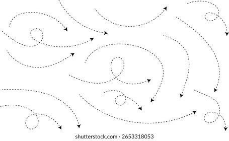 Setas em espiral pontilhadas. Padrão contínuo de linhas onduladas contínuas. Movimento abstrato da curva de onda das linhas pretas. Padrão de ornamento de onda 
