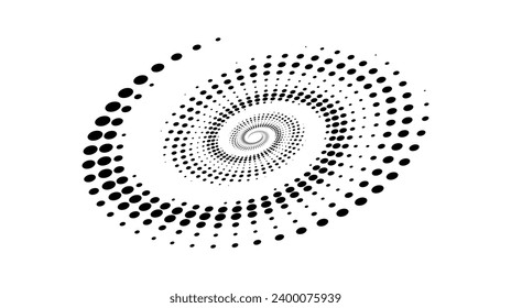 Spiral dotted line element. Radial spinning halftone texture. Circle swirl dots shape in perspective. Black abstract background for poster, banner, logo, icon, collage, presentation, emblem. Vector