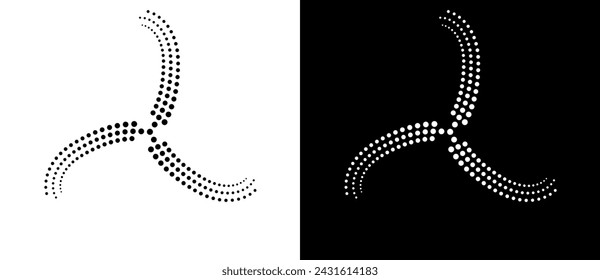 Spiral dotted lines with 3 segments. Design element or icon. Black shape on a white background and the same white shape on the black side.