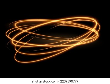 Spiral effect, sparkle magic swirls and energy light spiral spin twirls isolated on black. Vector sparkling gold glitter glow flare, fire light circles and ring trails, abstract fire frame