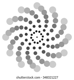 Spiral element with fading dots. Dotted abstract concentric graphic with curved spokes.