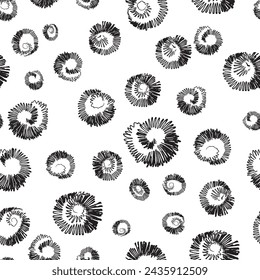 Spiral elements on white backdrop vector seamless pattern. Hand drawn elements shaped as snails arranged in surface art texture for printing or usage in graphic design projects.