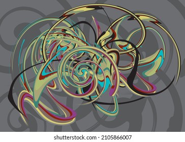 Spiral elements and twirled lines on a dark gray background for textiles or fabric products. Interweaving of luminous lines for backgrounds, textures, prints, posters, wallpaper, interior solutions