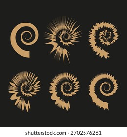 Spiralexplosionsgrafik. Dynamischer Wirbelvektor. Braune Formelemente. Abstrakte Radialbewegung.