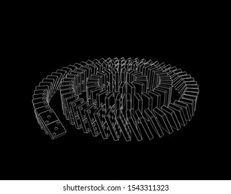 Spiral of falling dominoes. Isolated on black background. Vector outline illustration. 