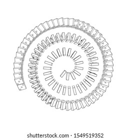 Spiral of falling dominoes. Isolated on white background. Vector outline illustration. Top view.