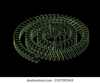 Spiral of falling dominoes. Isolated on black background. Vector outline illustration. Isometric projection.