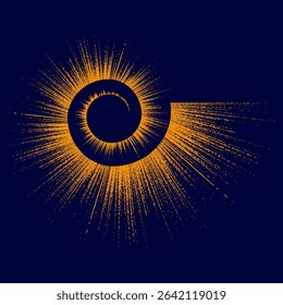 Spiral flash burst. Golden glow element. Dark blue background. Vector radiant shape.