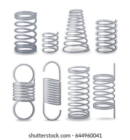 Spiral Flexible Wire. Springs Of Compression, Tension And Torsion. Set Resilient Metal Wire Parts. Different Types Flexible Spiral Elements.
