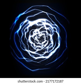 Spiral fractal background. Thunderbolt swirling lightning. Blue swirl sphere shape. Wormhole funnel. Portal explosion. Vector illustration.