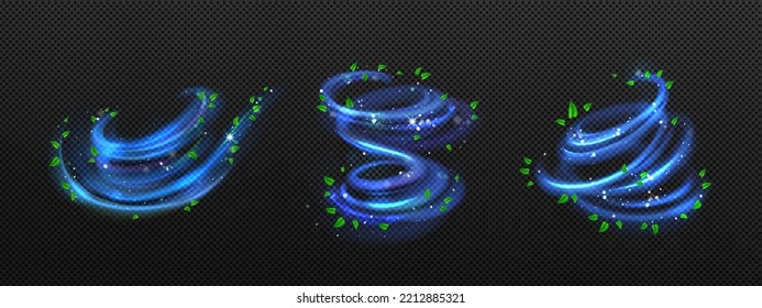 Spiral fresh air swirls with green mint leaves png. Realistic vector illustration set isolated on transparent background. Abstract motion of curled blue vortex. Cool whirlwind bringing refreshment