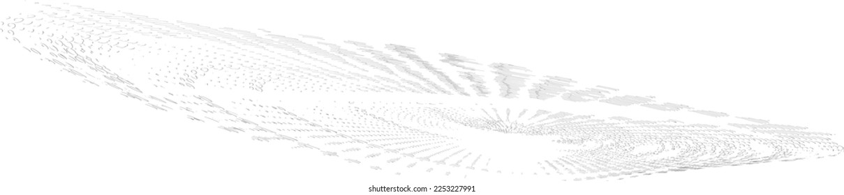 Spiral funnel with a translucent outline of thin, smooth small strokes. A whirlpool of spots, lines, squiggles. A view in a broken perspective. For logos, postcards, banners. Vector. 