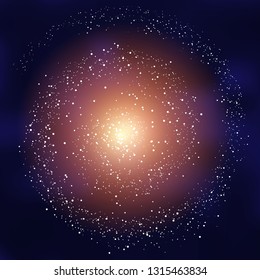 Spiral galaxy with bright shining stars and stardust on dark blue background. Starry Night Sky Outer Space background. Can be used for landing pages, posters, flyers, ads, banners, promotions. 