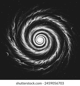 Spiral galaxy in deep space. Milky Way. Cosmic spinning nebula in stippling style for banner, poster or book cover. Grunge black and white dotwork. Pointillism. Shading using dots. Vector illustration