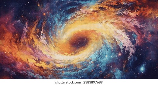 Spiral galaxy illustration in pixel art style. Deep space concept. Retro sci-fi video game design. 80's technology. Vector illustration