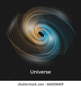 Spiral galaxy illustration with shining effects and particles. Stylish geometric vector background. Universe with black hole in the middle.