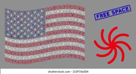 Spiral galaxy items are grouped into United States flag stylization with blue rectangle corroded stamp seal of Free Space text.