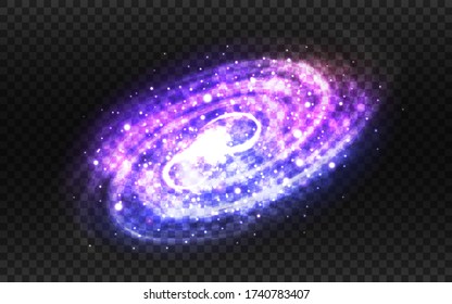 Spiral galaxy and milky way on transparent backdrop. Purple and blue stardust. Realistic color galaxy isolated. Magic starry composition for poster. Vector illustration.